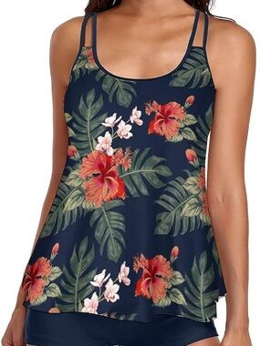 NEW Urchics Tropical Navy Floral Tankini Swim Top Long Torso Swimsuit M